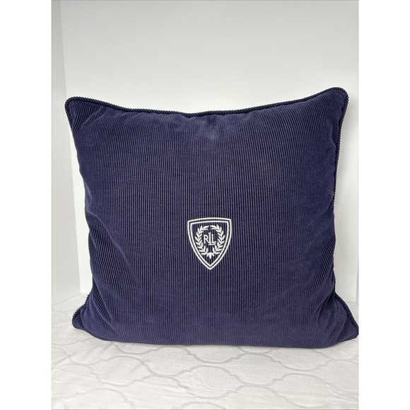 Lauren Ralph Blue Corduroy Throw Pillow 18x15 Embroidered RL Crest Goose Feather - Picture 1 of 8